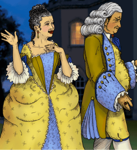 an old drawing of geraldine and gavin wearing very very british clothing