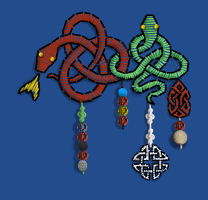 kelta's family pattern, an elaborate design of embroidered celtic knots and colored beads